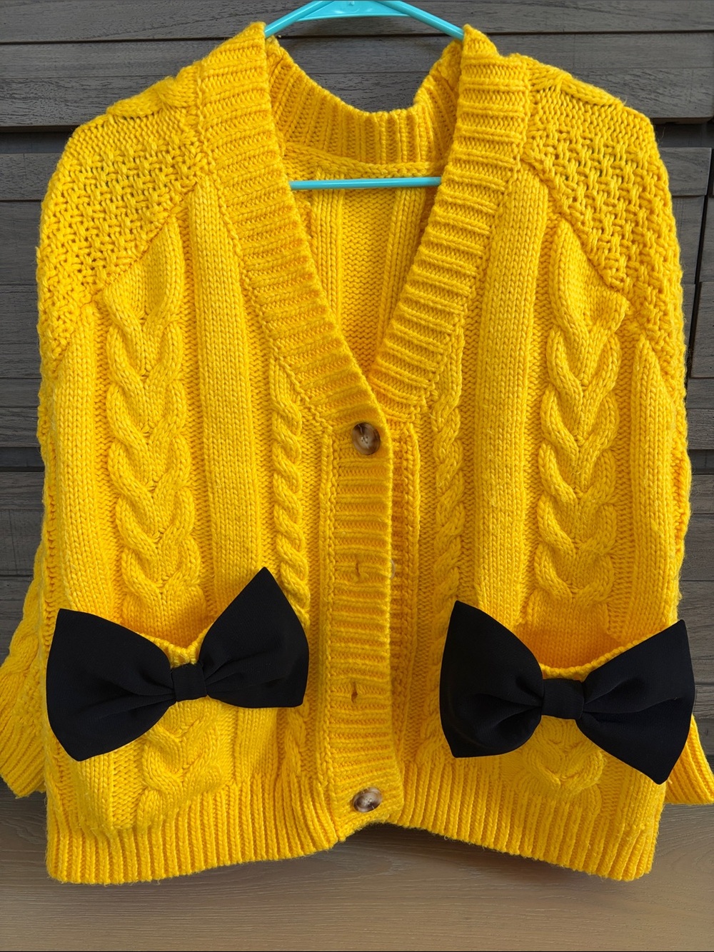 Yellow Cable-Knit Bow Detail Women's Cardigan Sweater